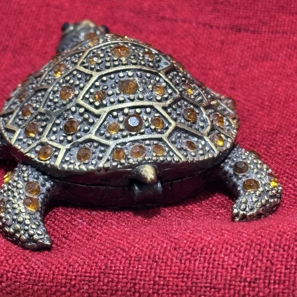 Rhinestone Turtle Trinket Box Enameled Magnetic Closure Tortoise Jeweled Brassy